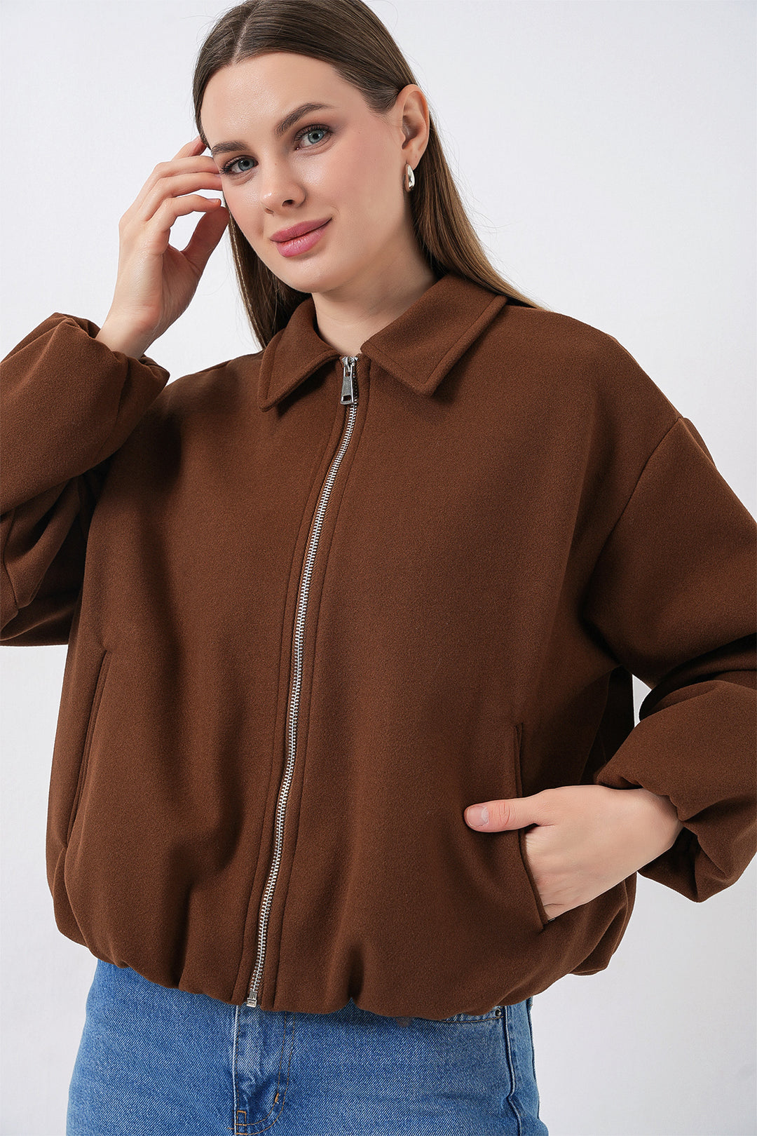 BGD Women Kadın Büzgülü Oversize Kaşe Ceket 0728 - Sütlü Kahve - Peterborough