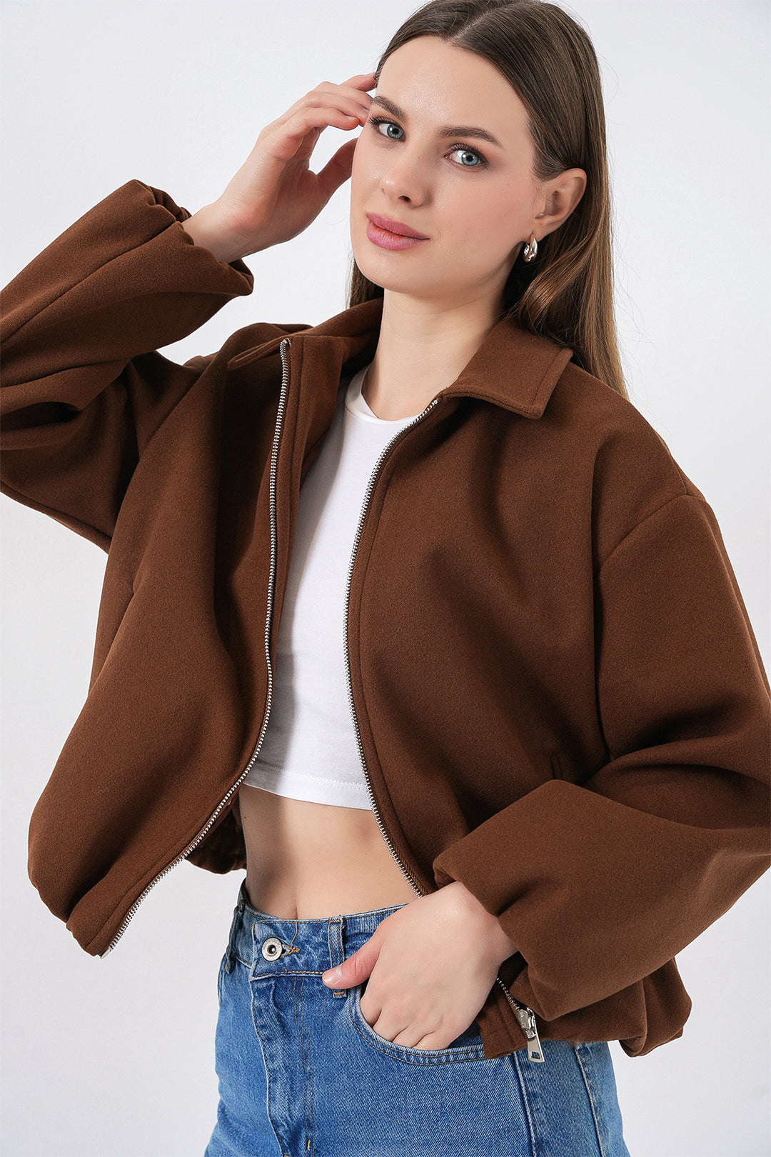 BGD Women Kadın Büzgülü Oversize Kaşe Ceket 0728 - Sütlü Kahve - Peterborough