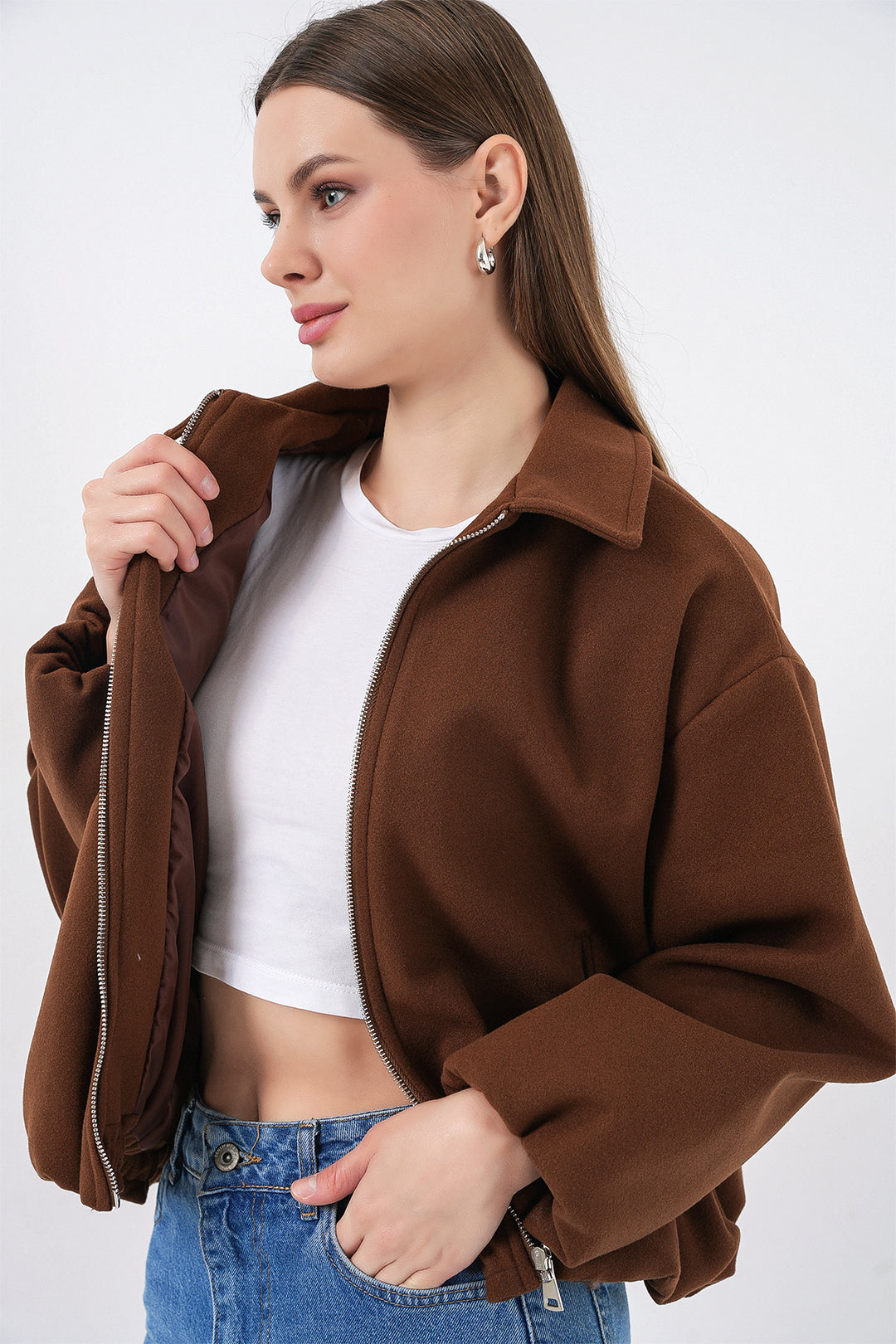 BGD Women Kadın Büzgülü Oversize Kaşe Ceket 0728 - Sütlü Kahve - Peterborough