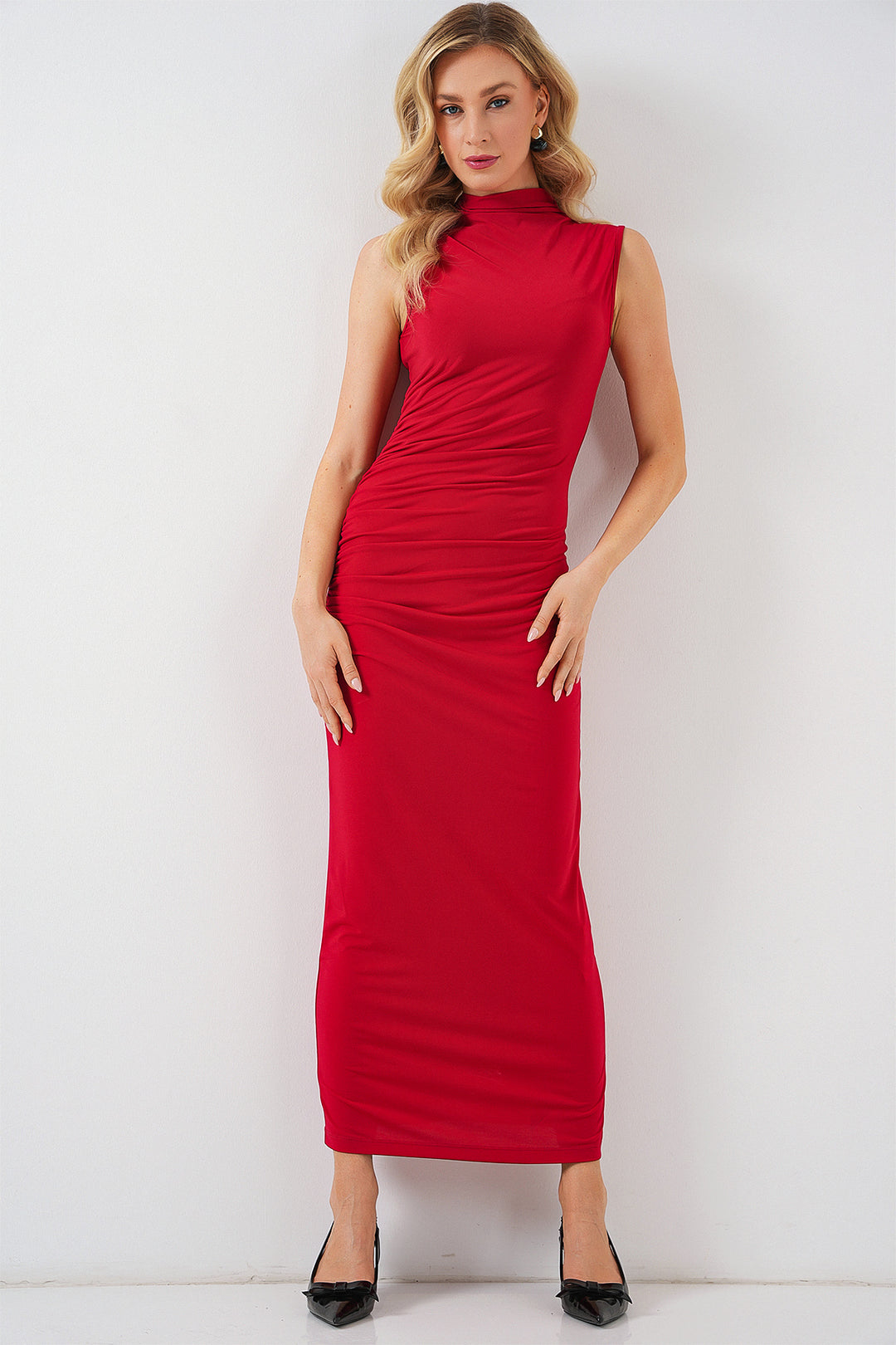 BGD Women Women's Ruched Sleeveless Draped Dress 2579 - Red - Teaneck