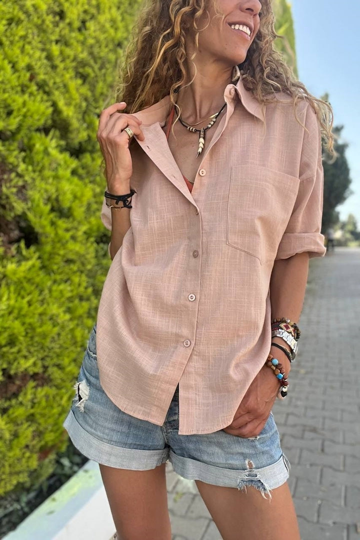 GNS Women's Camel Linen-Look Single Pocket Relaxed Fit Shirt BST3619 - Le Blanc-Mesnil