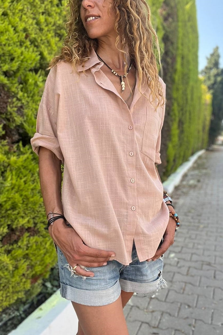 GNS Women's Camel Linen-Look Single Pocket Relaxed Fit Shirt BST3619 - Le Blanc-Mesnil