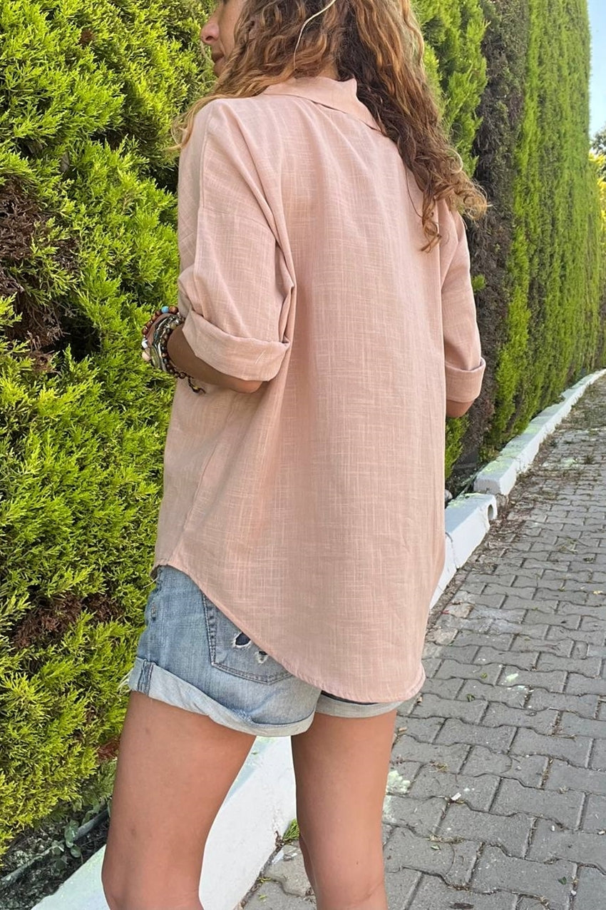 GNS Women's Camel Linen-Look Single Pocket Relaxed Fit Shirt BST3619 - Le Blanc-Mesnil