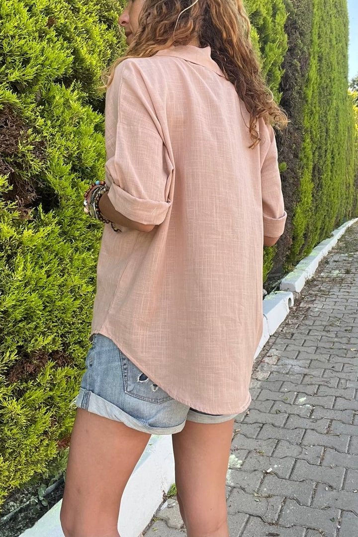 GNS Women's Camel Linen-Look Single Pocket Relaxed Fit Shirt BST3619 - Le Blanc-Mesnil