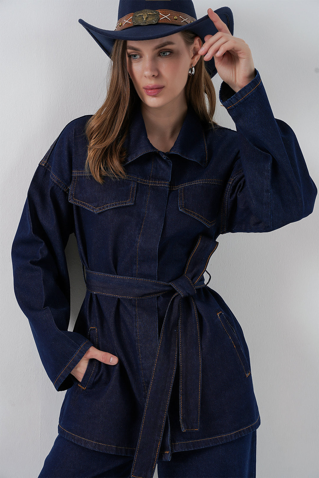 BGD Women Women's Jacket Trousers Denim Two-Piece Set 30059 - Navy Blue - Severna Park