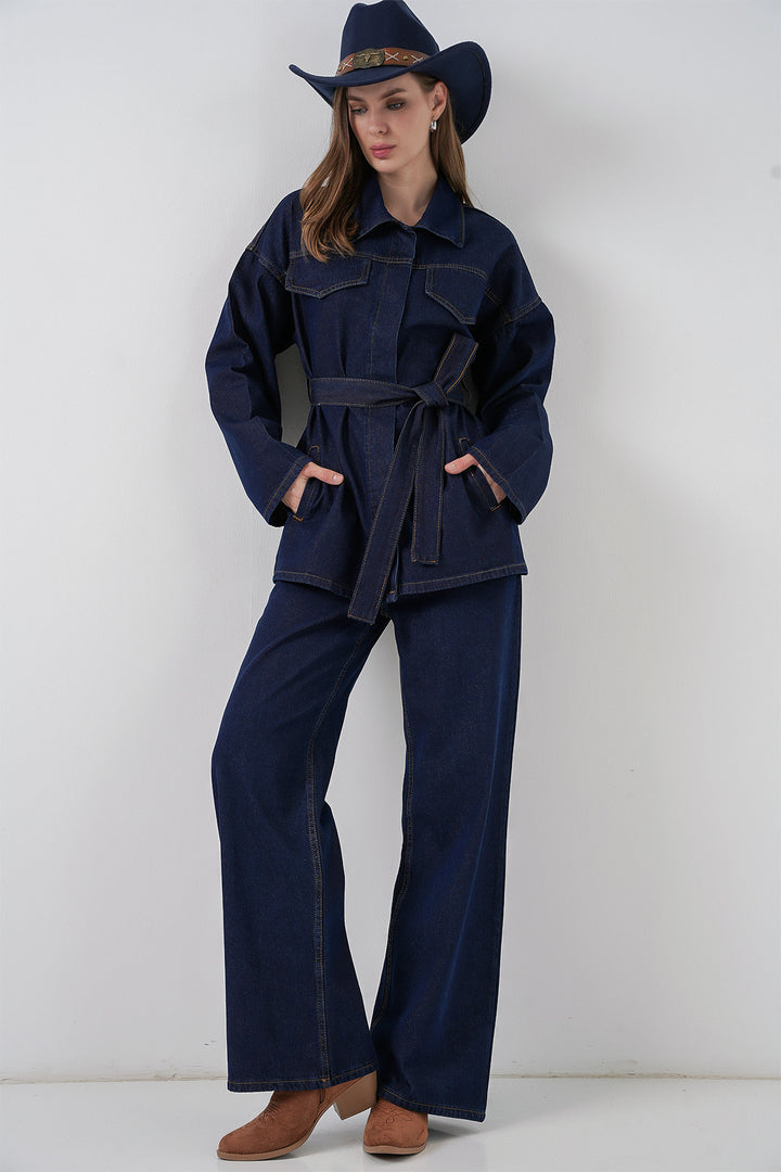 BGD Women Women's Jacket Trousers Denim Two-Piece Set 30059 - Navy Blue - Severna Park