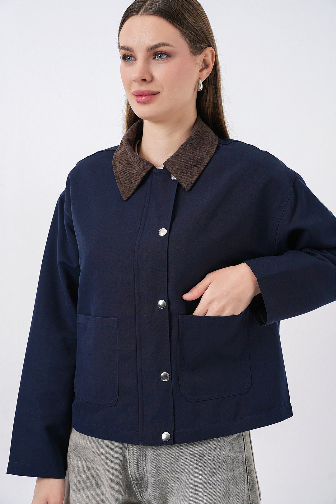 BGD Women Kadın Cep Detaylı Kısa Ceket 5975 - Lacivert - Boston