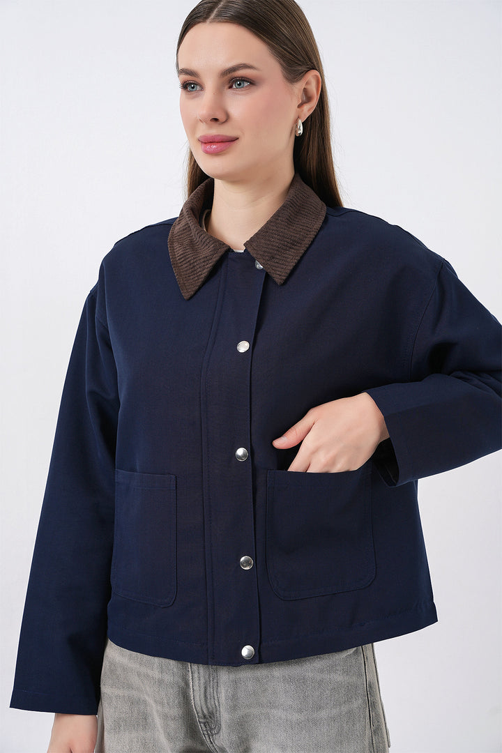 BGD Women Kadın Cep Detaylı Kısa Ceket 5975 - Lacivert - Boston