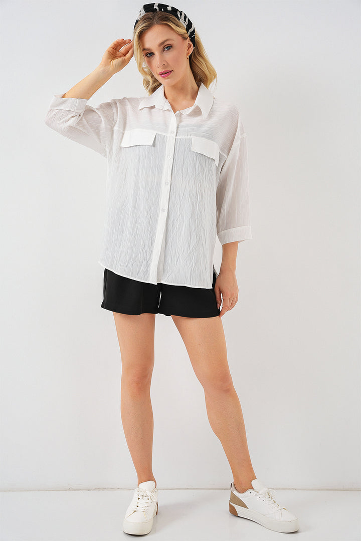 BGD Women Women's Pocket Detailed Short Sleeve Shirt 20317 - White - Fitchburg