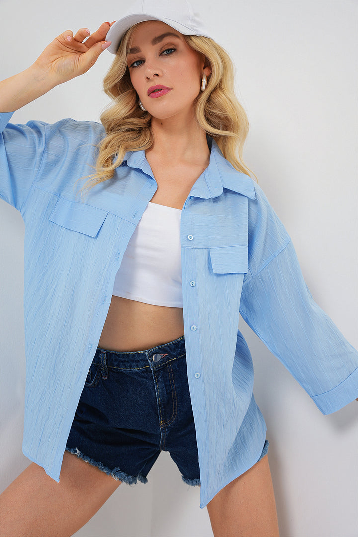 BGD Women Women's Pocket Detailed Short Sleeve Shirt 20317 - Blue - Târgu Jiu