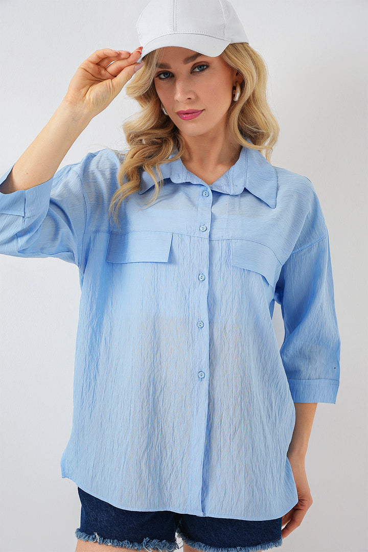 BGD Women Women's Pocket Detailed Short Sleeve Shirt 20317 - Blue - Târgu Jiu