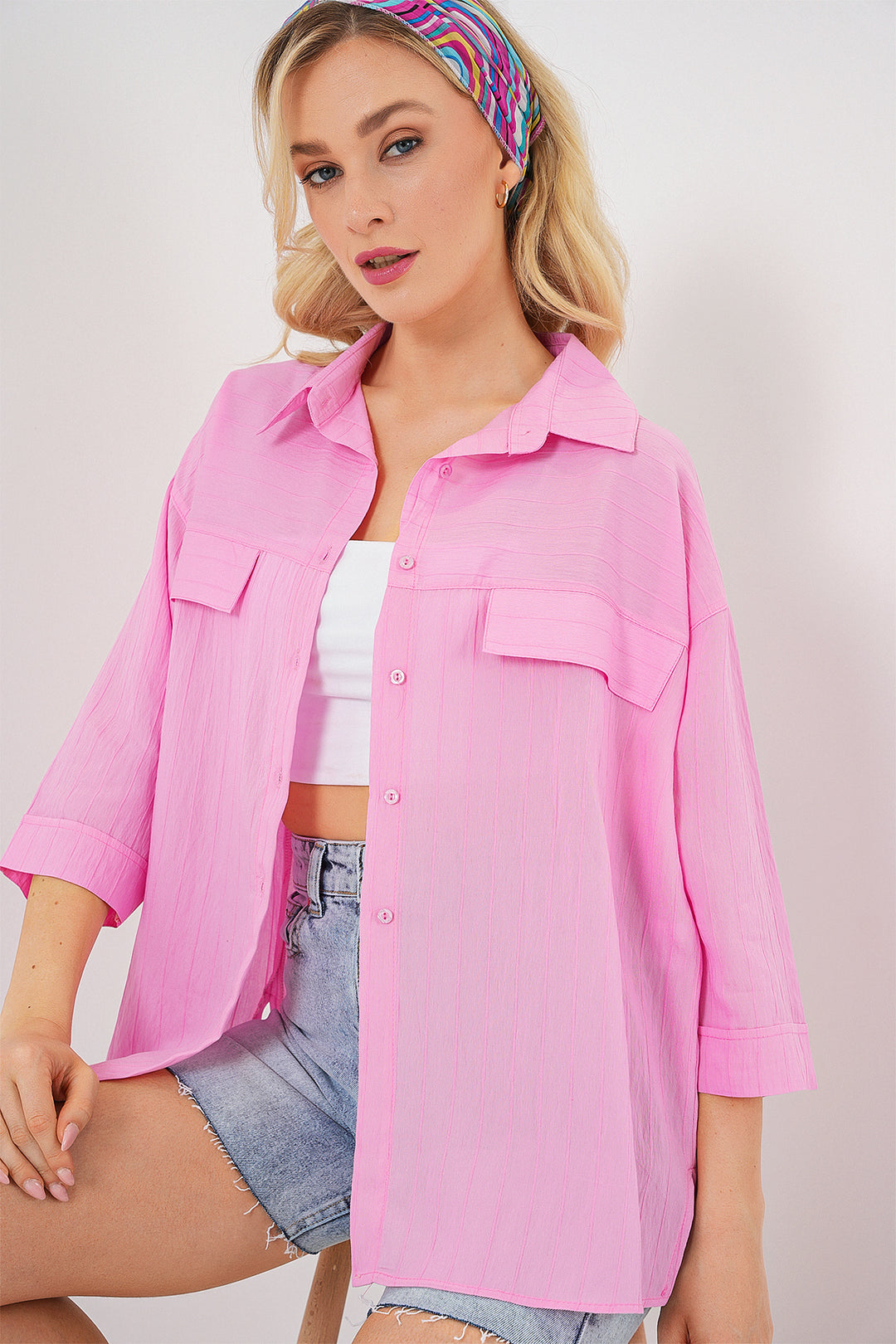 BGD Women Women's Pocket Detailed Short Sleeve Shirt 20317 - Pink - Kamen