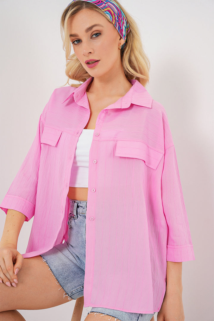 BGD Women Women's Pocket Detailed Short Sleeve Shirt 20317 - Pink - Kamen