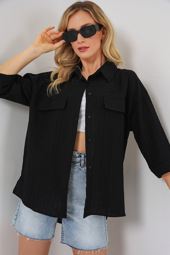 BGD Women Women's Pocket Detailed Short Sleeve Shirt 20317 - Black - Apple Valley