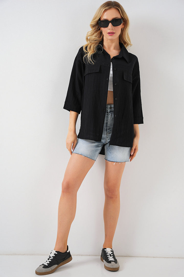 BGD Women Women's Pocket Detailed Short Sleeve Shirt 20317 - Black - Apple Valley