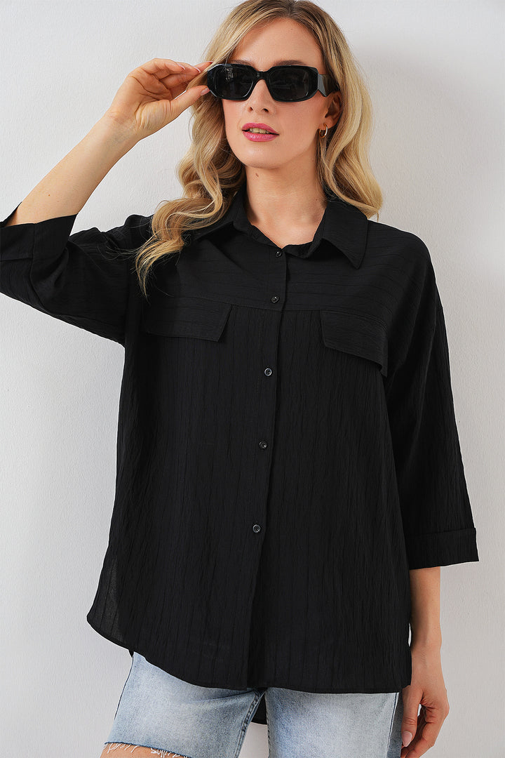 BGD Women Women's Pocket Detailed Short Sleeve Shirt 20317 - Black - Apple Valley