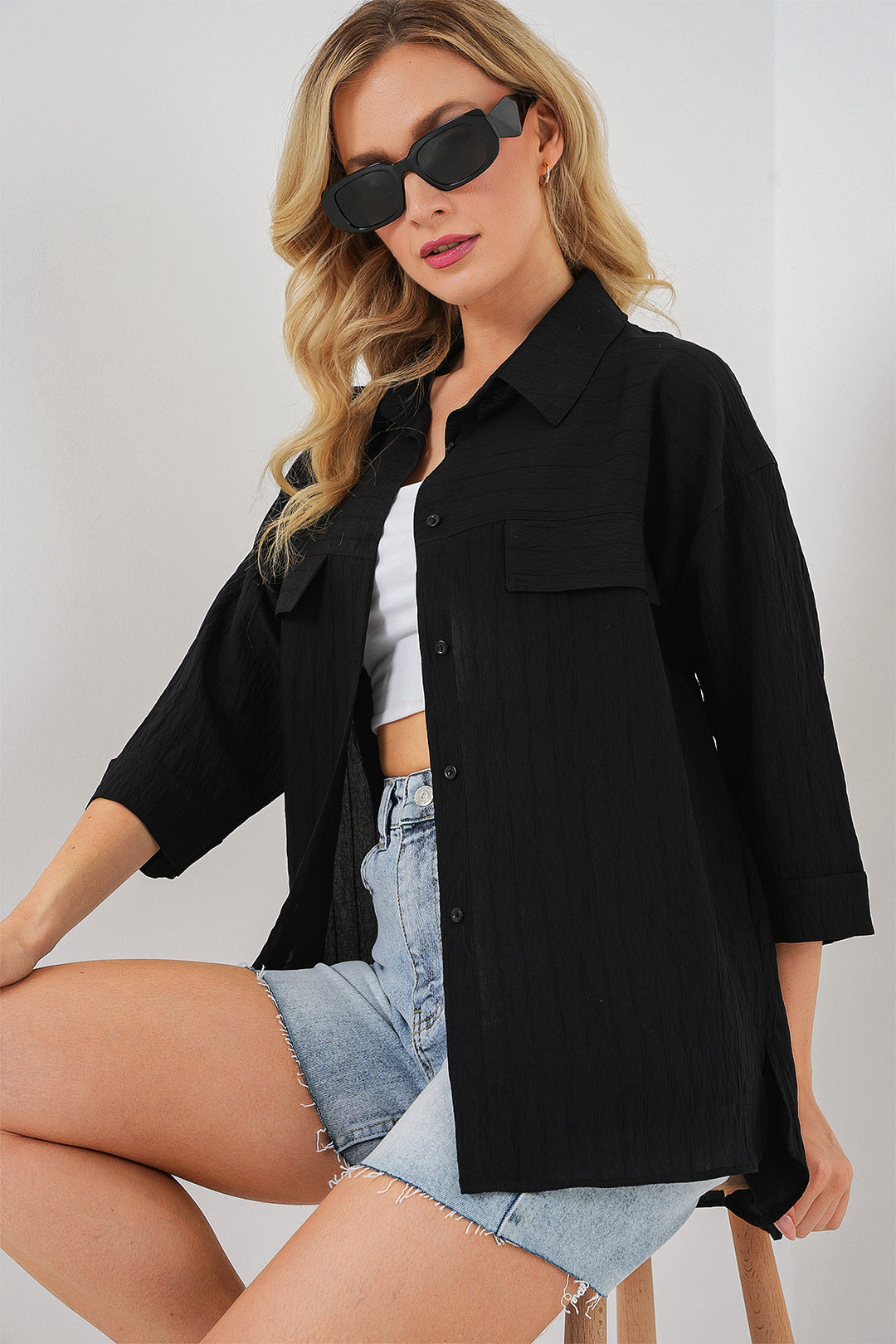 BGD Women Women's Pocket Detailed Short Sleeve Shirt 20317 - Black - Apple Valley