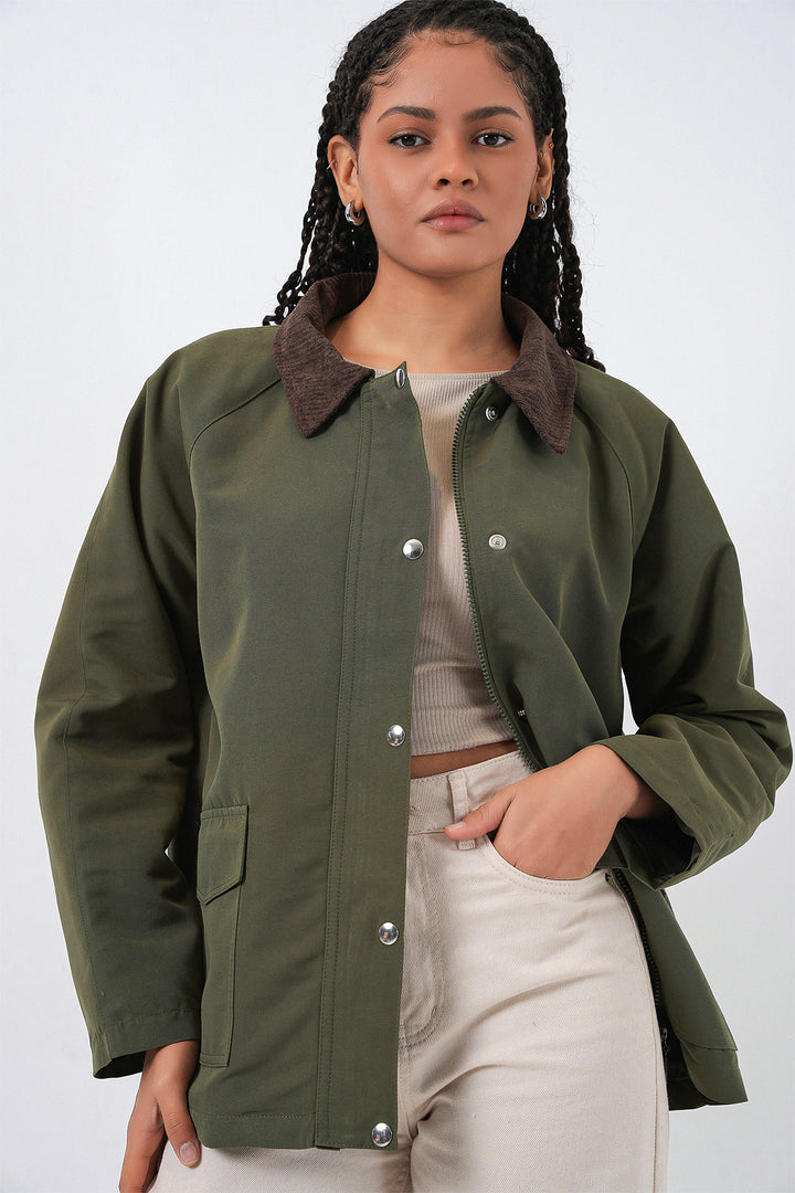 BGD Women Woman Pocket Detailed Oversized Jacket 5973 - Khaki - Florin