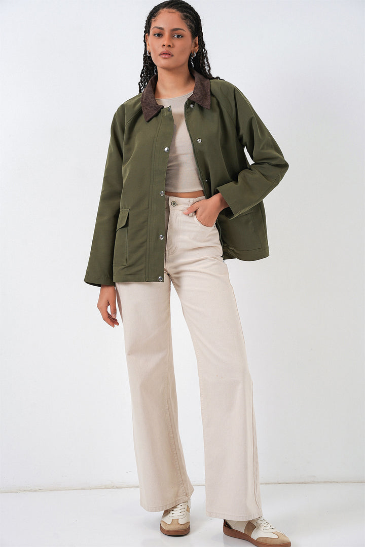 BGD Women Woman Pocket Detailed Oversized Jacket 5973 - Khaki - Florin