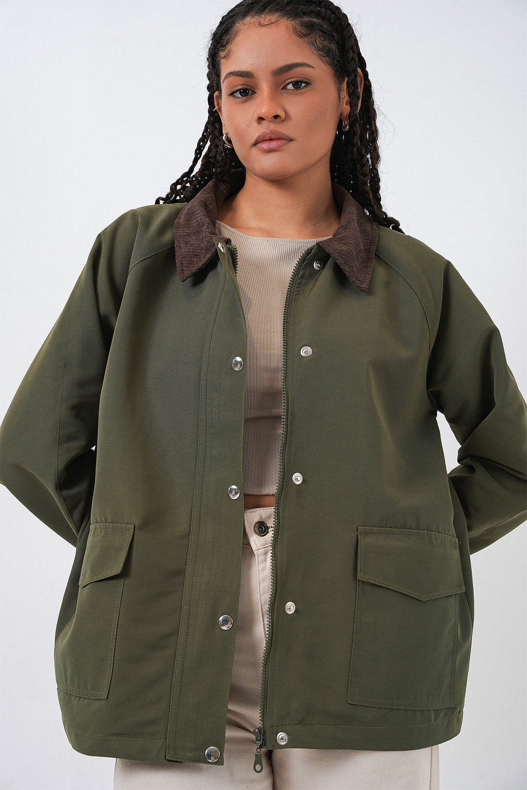 BGD Women Woman Pocket Detailed Oversized Jacket 5973 - Khaki - Florin