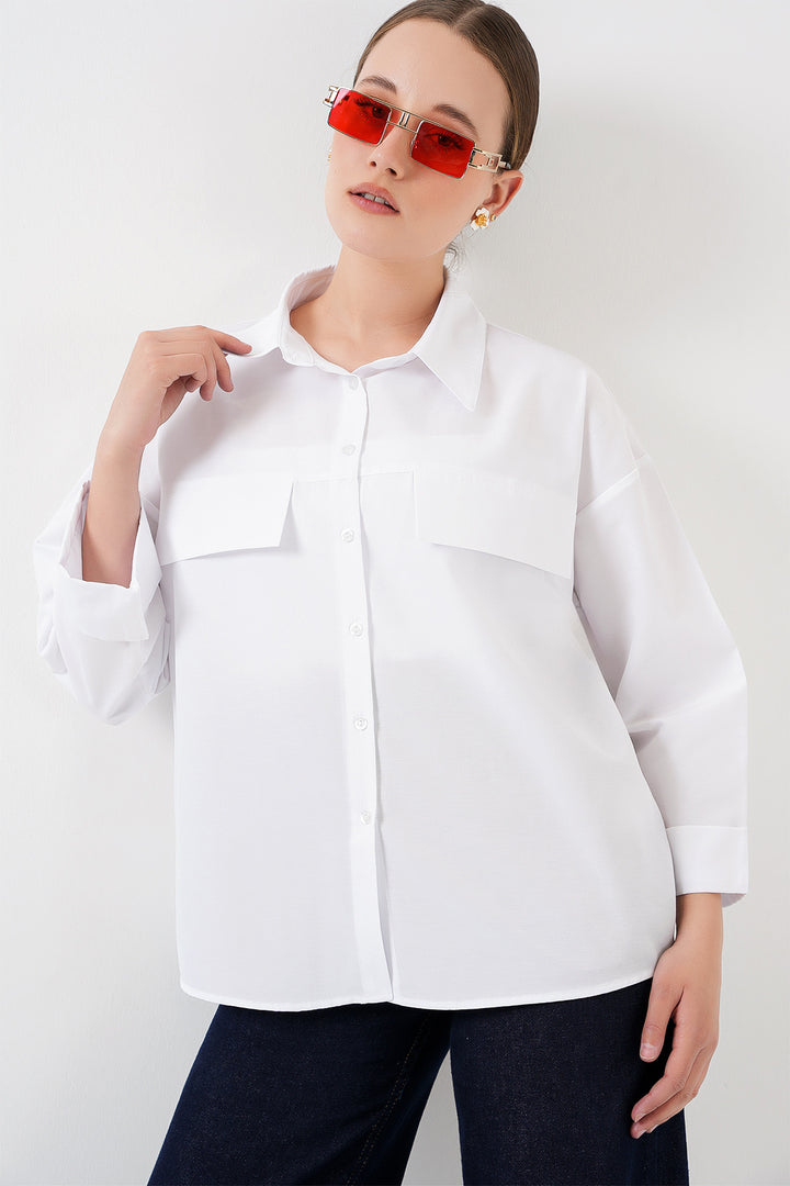 BGD Women Women's Pocket Detailed Oversized Shirt 20313 - White - Loreto