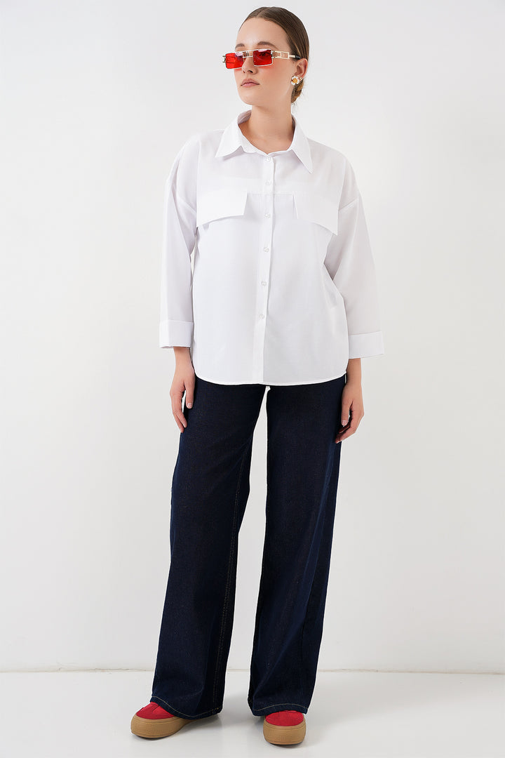 BGD Women Women's Pocket Detailed Oversized Shirt 20313 - White - Loreto