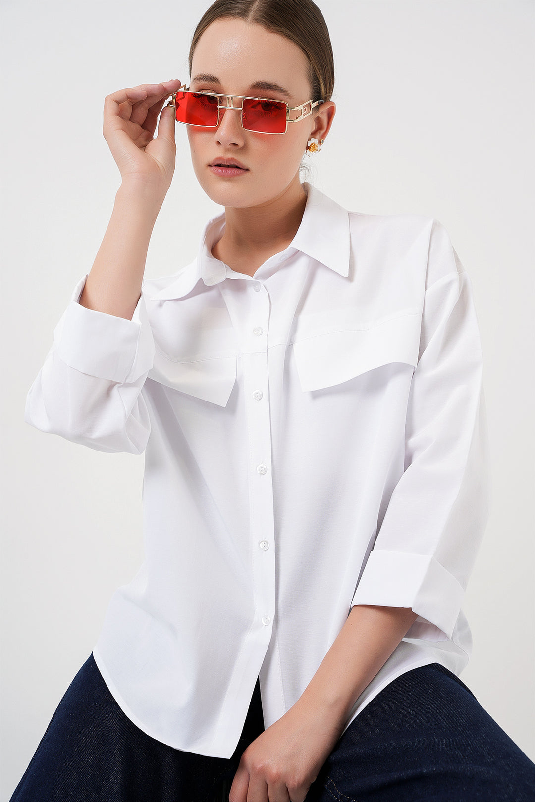 BGD Women Women's Pocket Detailed Oversized Shirt 20313 - White - Loreto