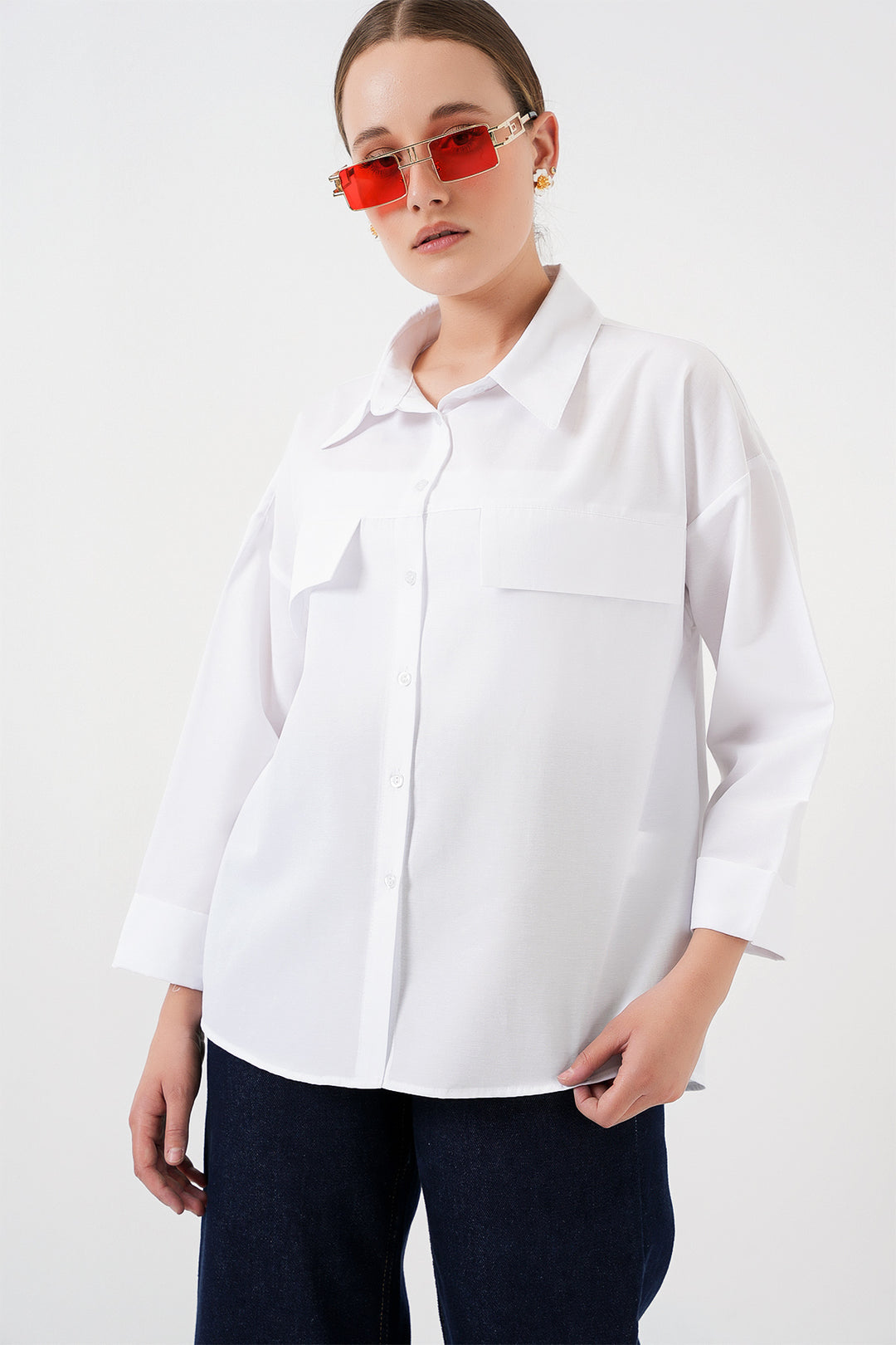 BGD Women Women's Pocket Detailed Oversized Shirt 20313 - White - Loreto