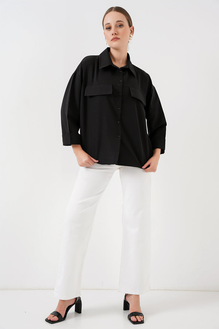 BGD Women Women's Pocket Detailed Oversized Shirt 20313 - Black - Bethesda