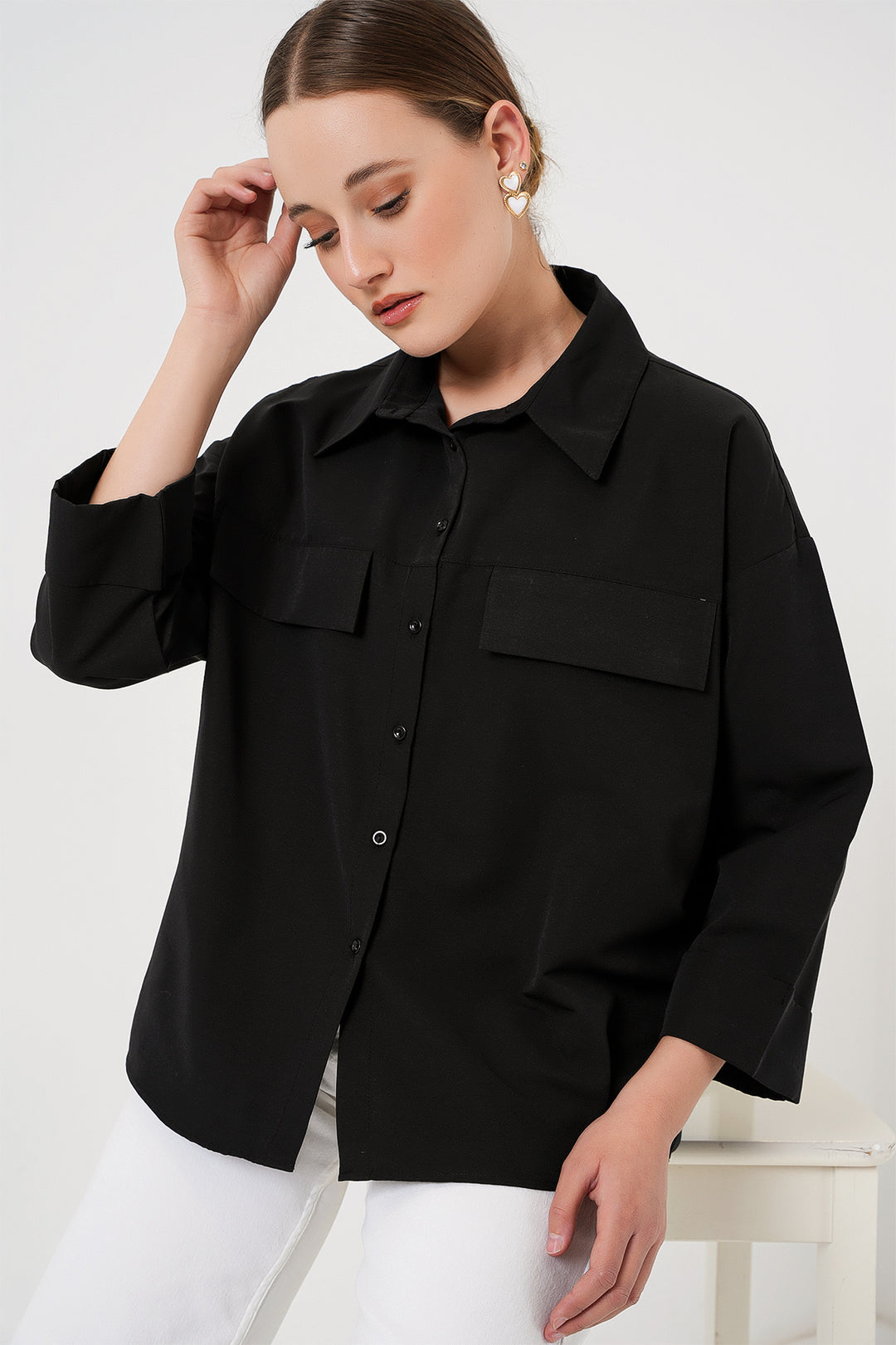BGD Women Women's Pocket Detailed Oversized Shirt 20313 - Black - Bethesda