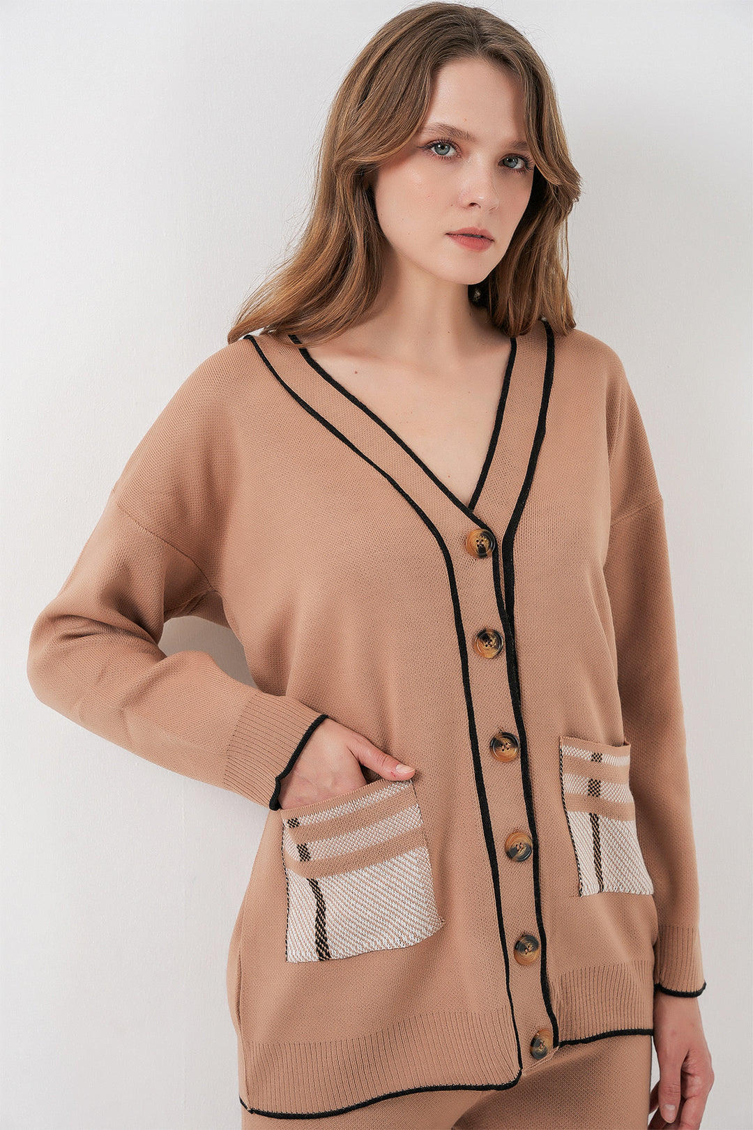 BGD Women Women's Pocketed Cardigan Knitwear Set 15964 - Camel - Palatine