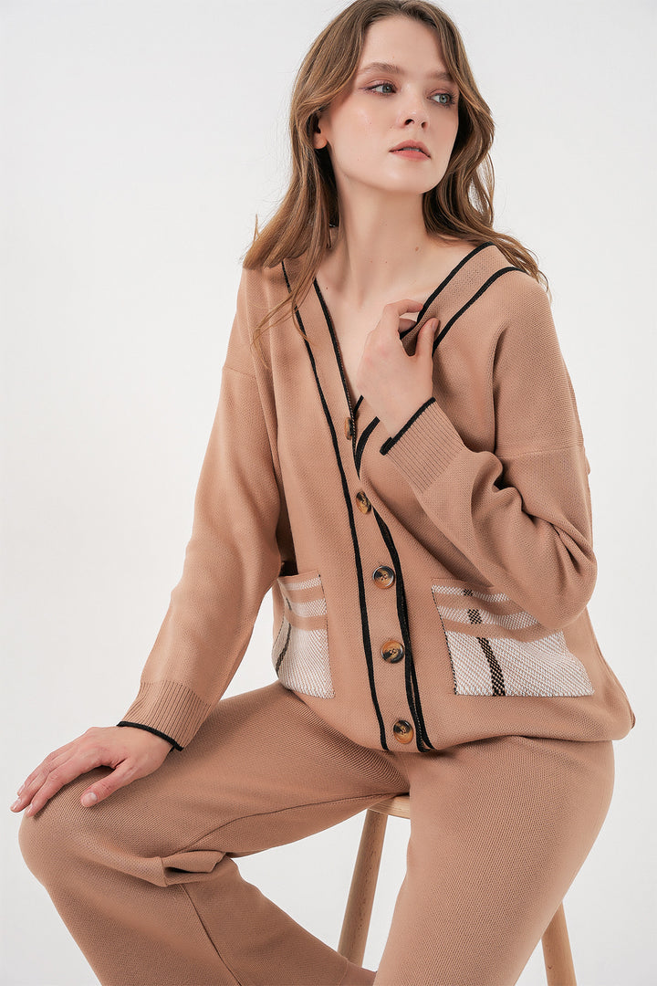 BGD Women Women's Pocketed Cardigan Knitwear Set 15964 - Camel - Palatine