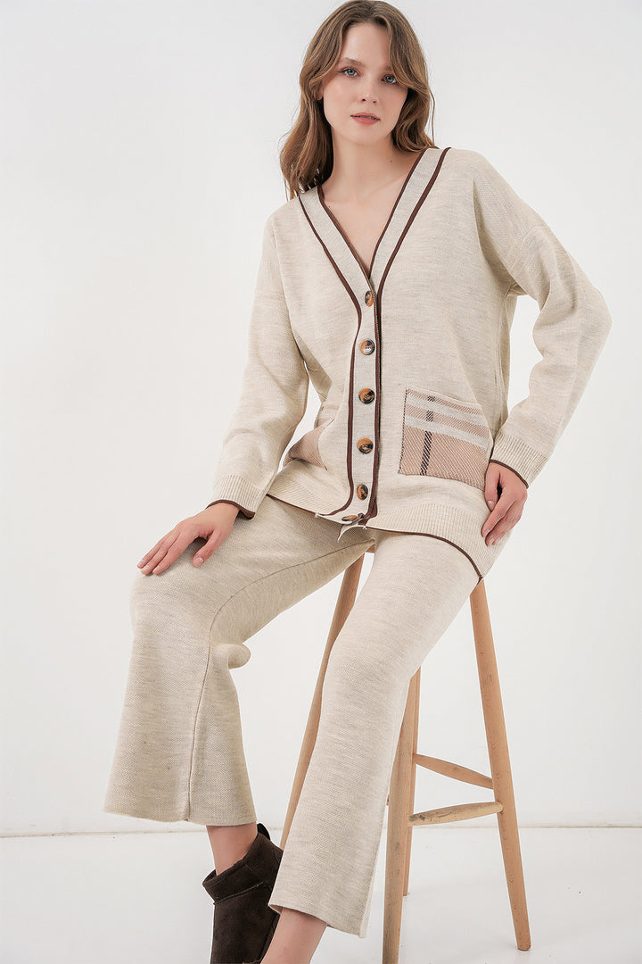 BGD Women Women's Pocketed Cardigan Knitwear Set 15964 - Ecru - Torrevieja