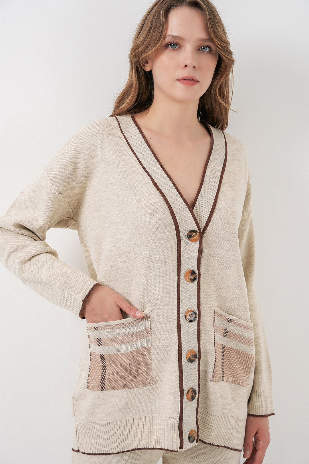BGD Women Women's Pocketed Cardigan Knitwear Set 15964 - Ecru - Torrevieja