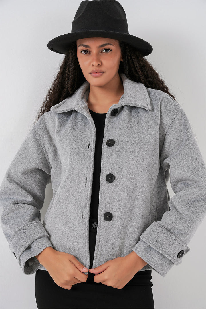 BGD Women Women's Pocketed Double-Breasted Long-Sleeve Short Pea Coat 0724 - Grey - Xalapa
