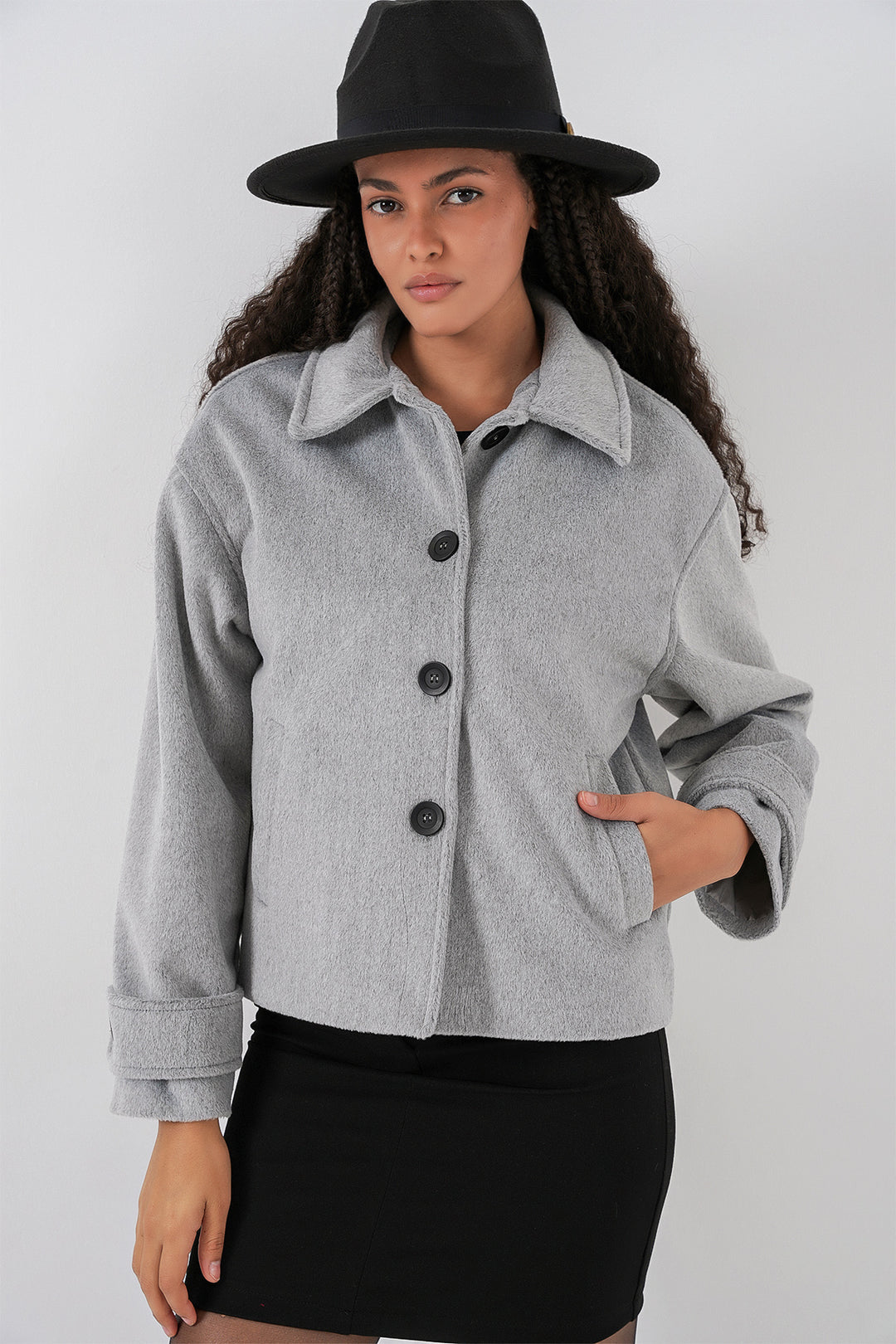 BGD Women Women's Pocketed Double-Breasted Long-Sleeve Short Pea Coat 0724 - Grey - Xalapa