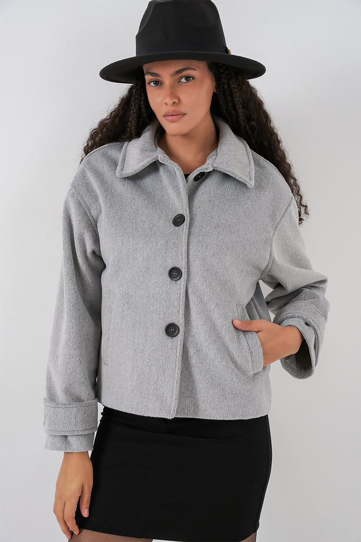 BGD Women Women's Pocketed Double-Breasted Long-Sleeve Short Pea Coat 0724 - Grey - Xalapa