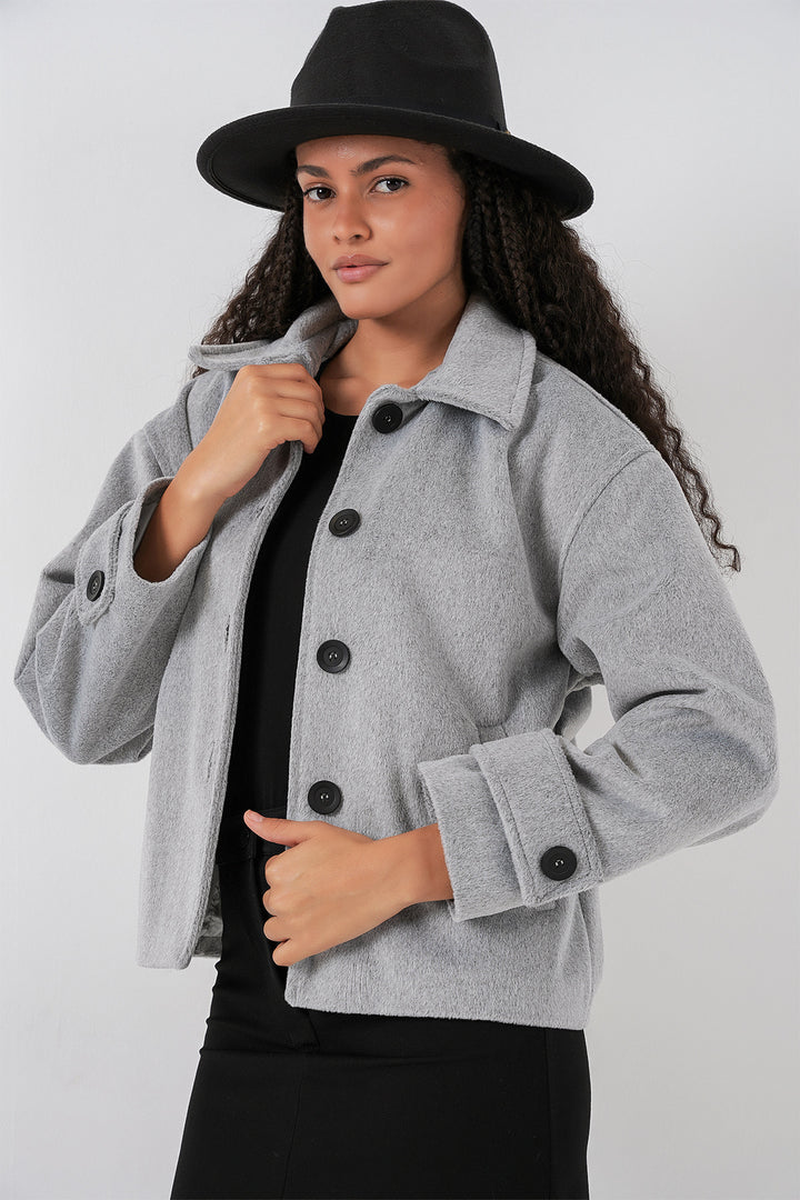 BGD Women Women's Pocketed Double-Breasted Long-Sleeve Short Pea Coat 0724 - Grey - Xalapa