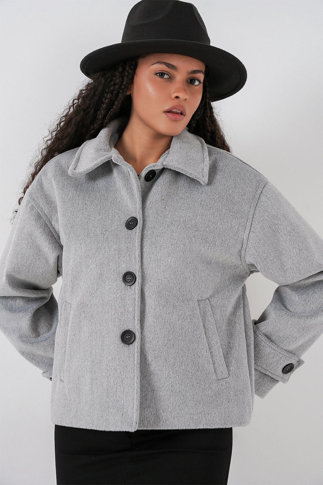 BGD Women Women's Pocketed Double-Breasted Long-Sleeve Short Pea Coat 0724 - Grey - Xalapa