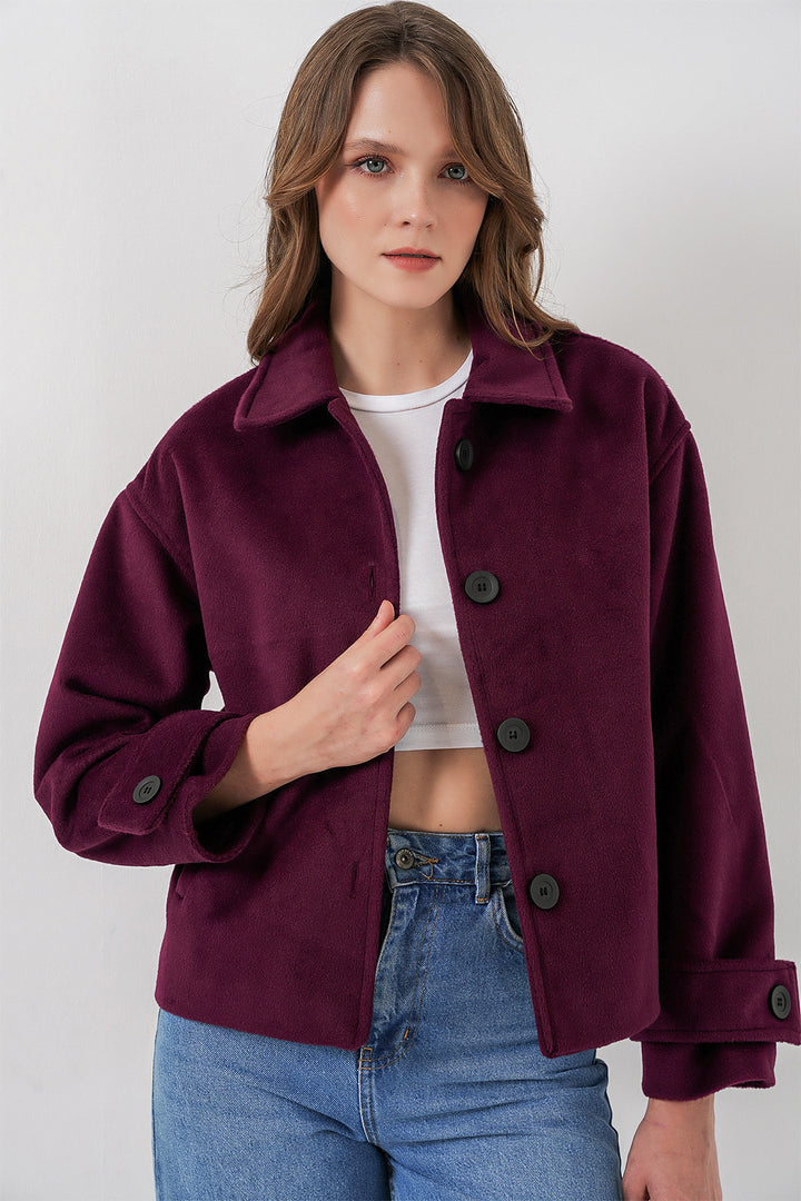 BGD Women Women's Pocketed Double-Breasted Long-Sleeve Short Pea Coat 0724 - Purple - Warrington