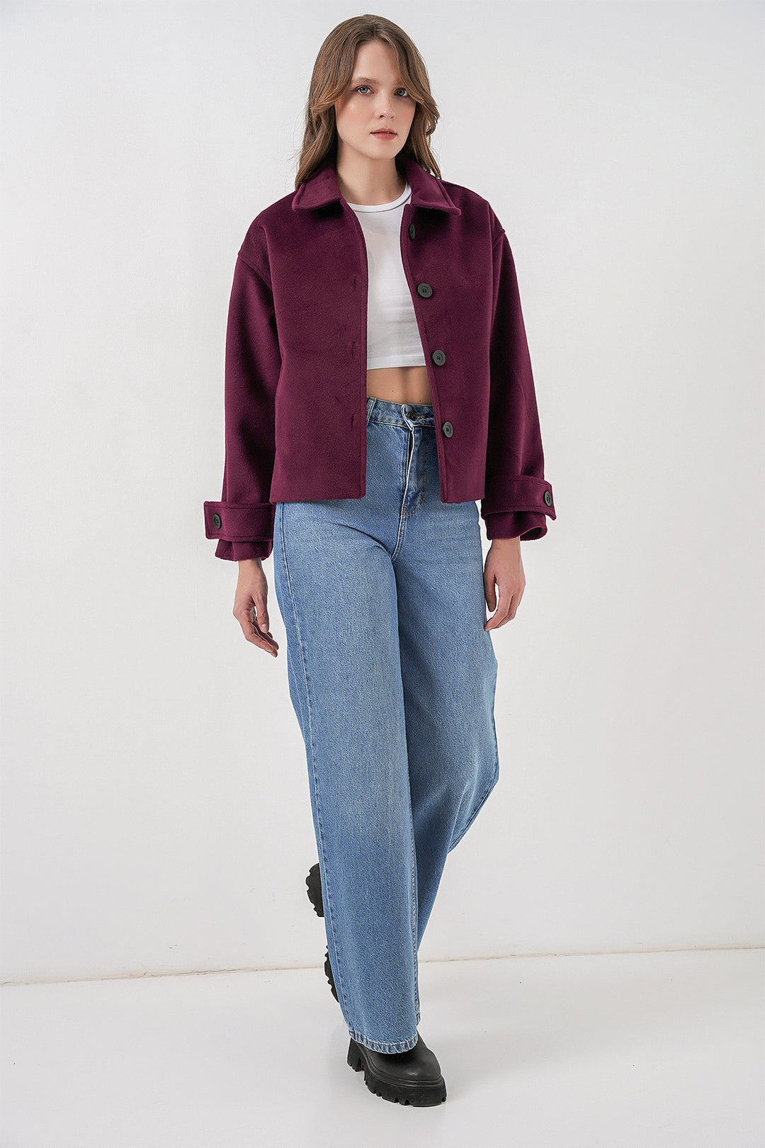 BGD Women Women's Pocketed Double-Breasted Long-Sleeve Short Pea Coat 0724 - Purple - Warrington