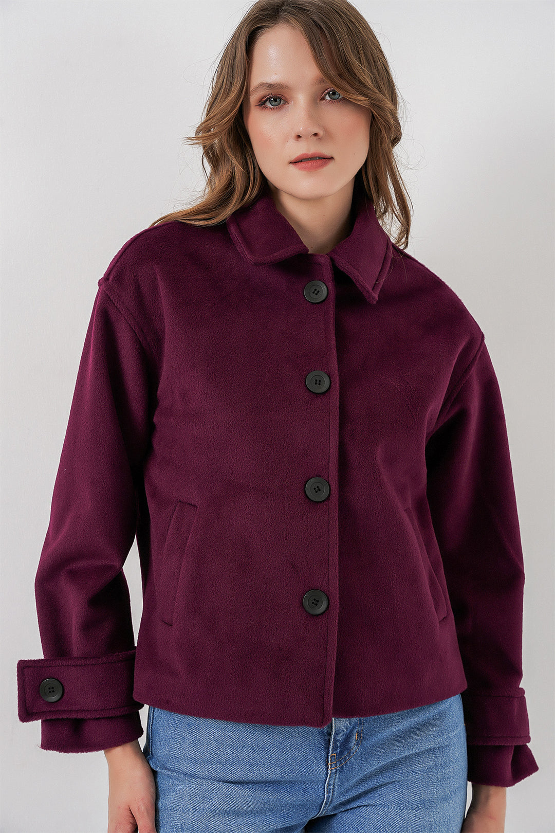 BGD Women Women's Pocketed Double-Breasted Long-Sleeve Short Pea Coat 0724 - Purple - Warrington