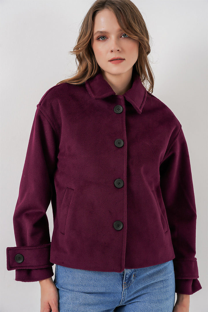 BGD Women Women's Pocketed Double-Breasted Long-Sleeve Short Pea Coat 0724 - Purple - Warrington