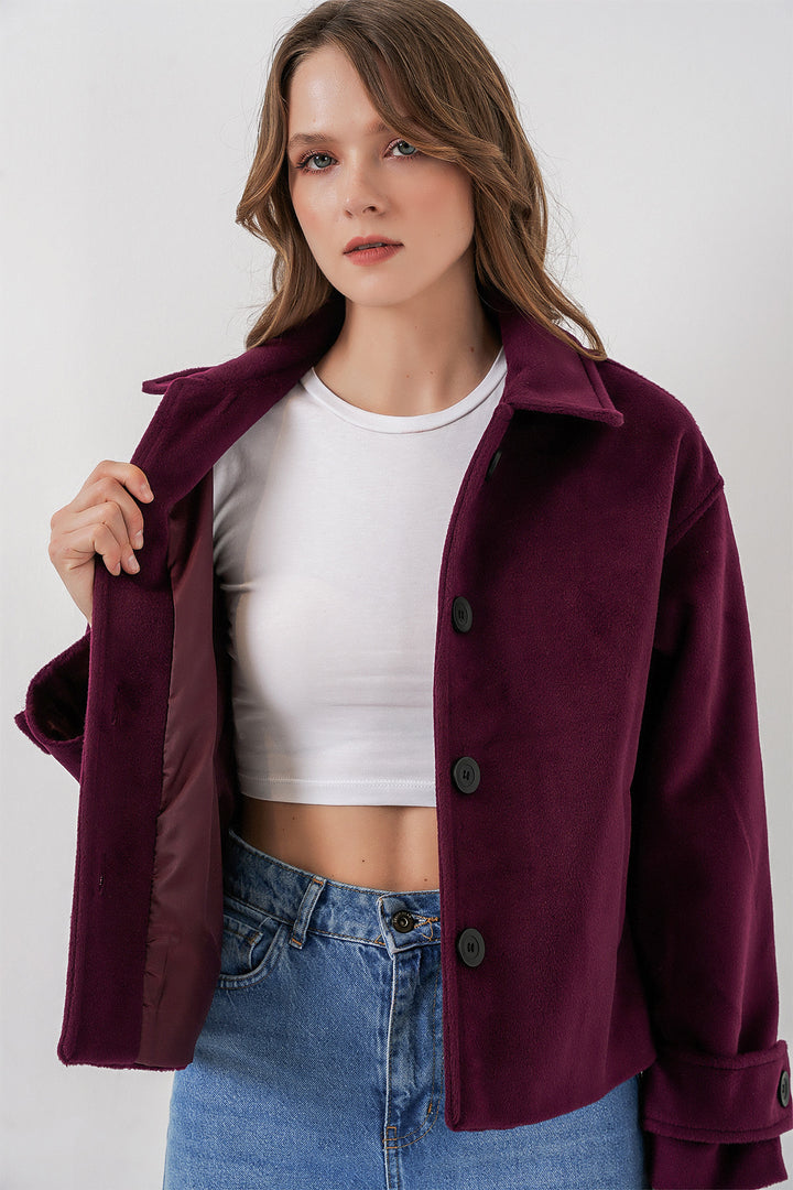 BGD Women Women's Pocketed Double-Breasted Long-Sleeve Short Pea Coat 0724 - Purple - Warrington