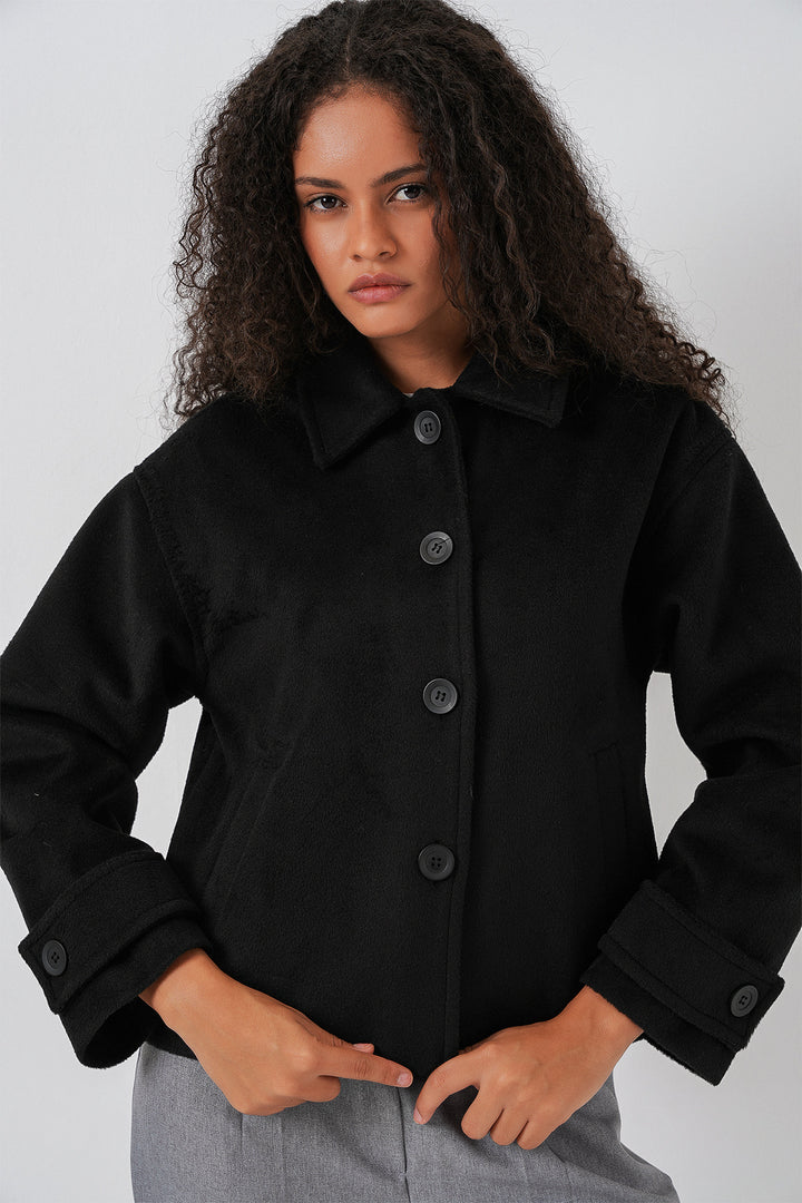 BGD Women Women's Pocketed Double-Breasted Long-Sleeve Short Pea Coat 0724 - Black - Laguna Niguel