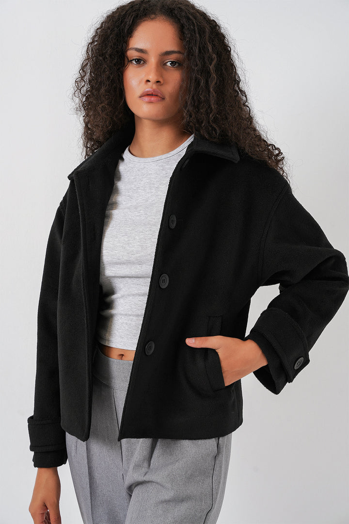 BGD Women Women's Pocketed Double-Breasted Long-Sleeve Short Pea Coat 0724 - Black - Laguna Niguel
