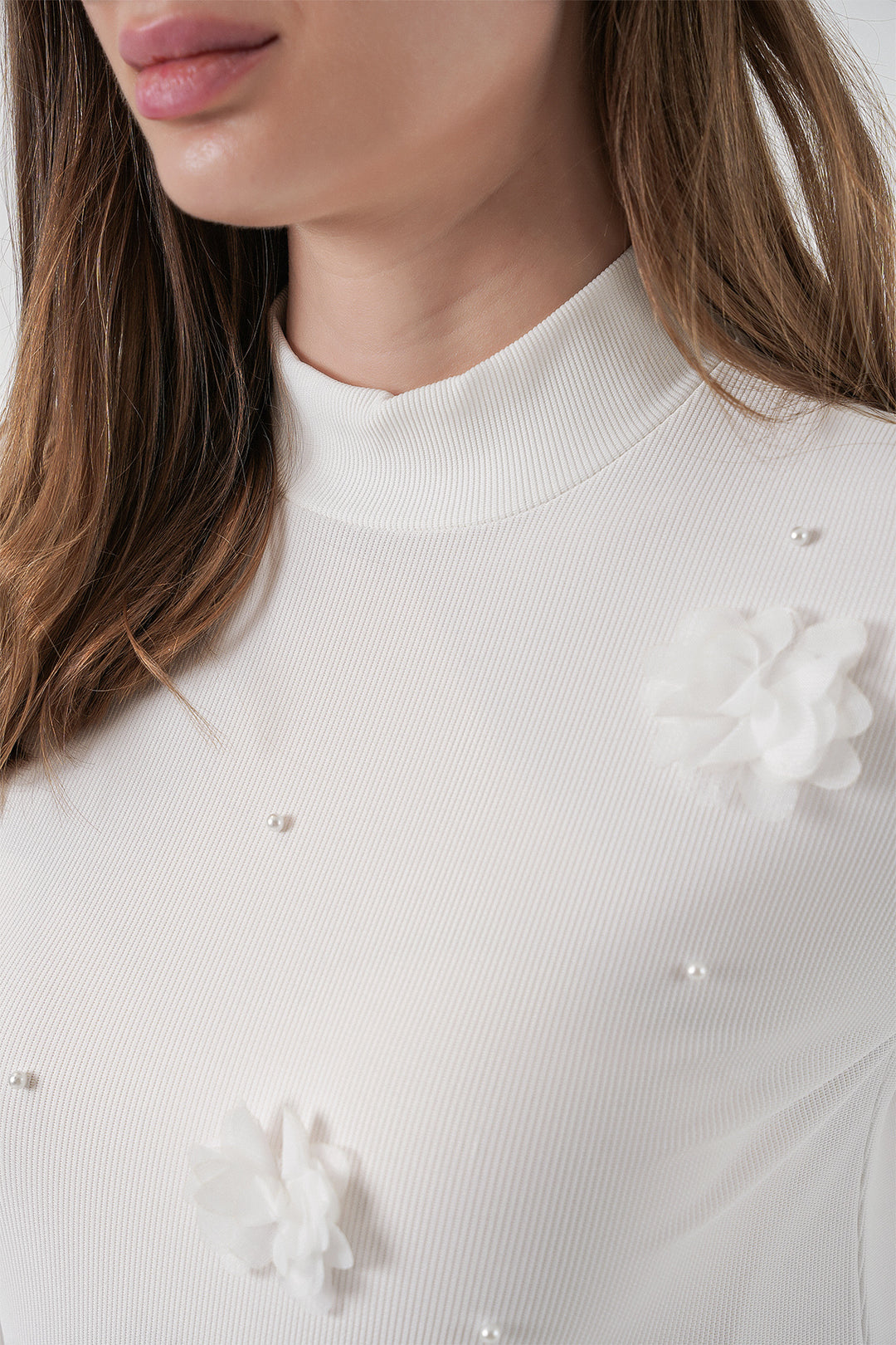 BGD Women Kadın Çiçekli Örme Bluz 978 - Beyaz - Oakville