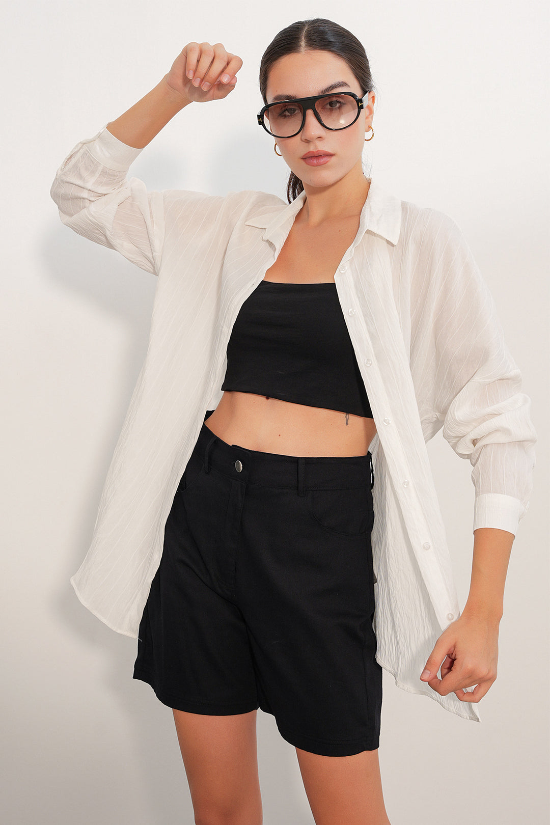 BGD Women Kadın Çizgi Detaylı Oversize Gömlek 20407 - Beyaz - Melbourne