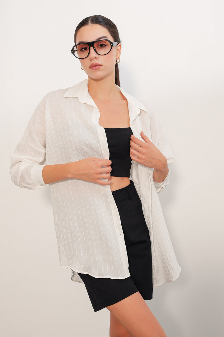 BGD Women Kadın Çizgi Detaylı Oversize Gömlek 20407 - Beyaz - Melbourne