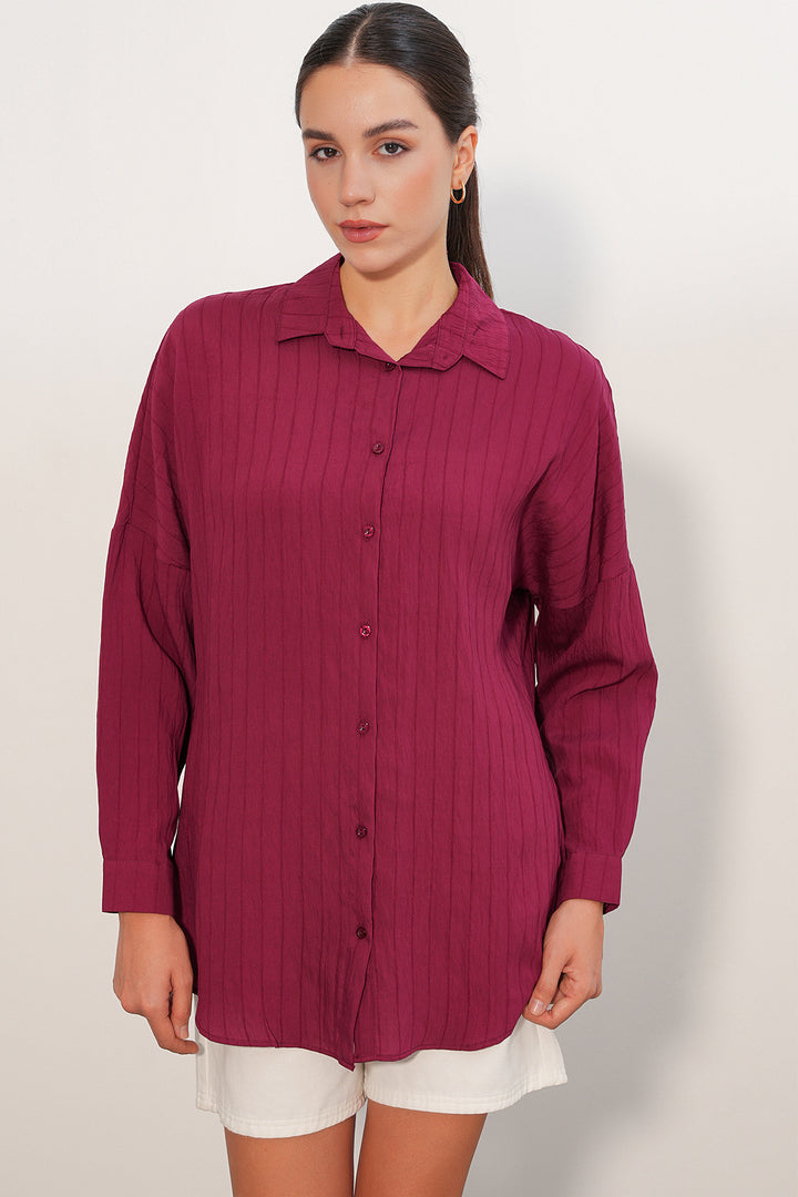 BGD Women Kadın Çizgi Detaylı Oversize Gömlek 20407 - Bordo - Brea